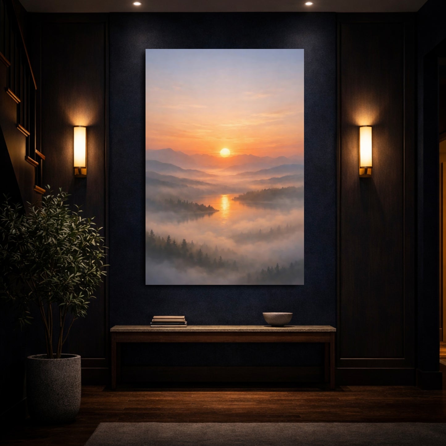 Mockup 3. Nature Sunrise Lake Orange Sunrise Landscape shown as stretched canvas wall art