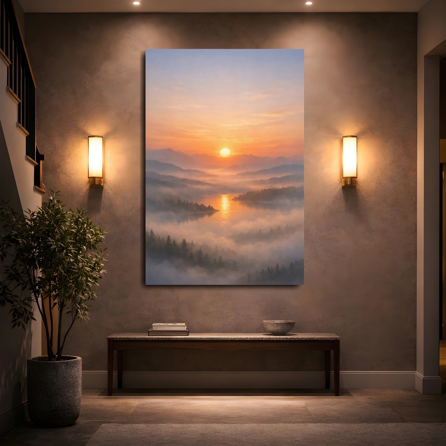 Mockup 4. Nature Sunrise Lake Orange Sunrise Landscape shown as stretched canvas wall art