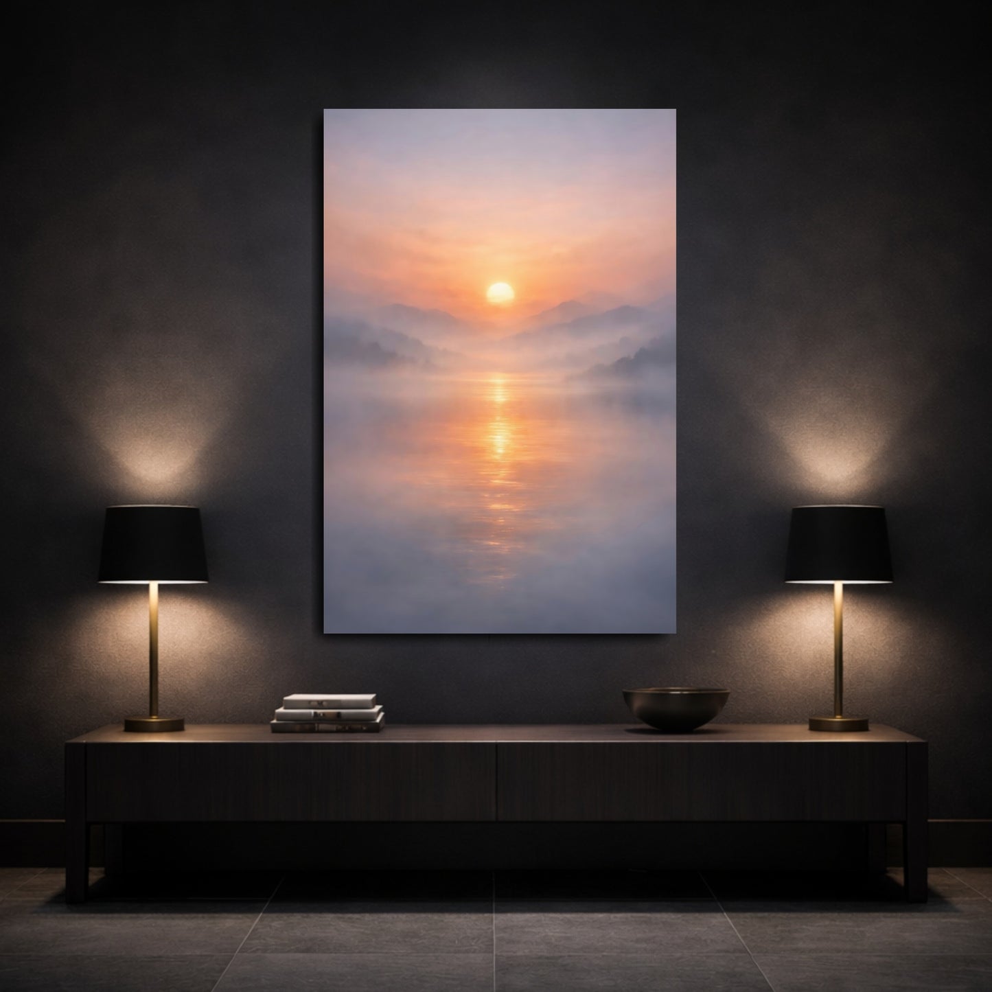 Mockup 2. Nature Sunrise Misty Sunset shown as stretched canvas wall art