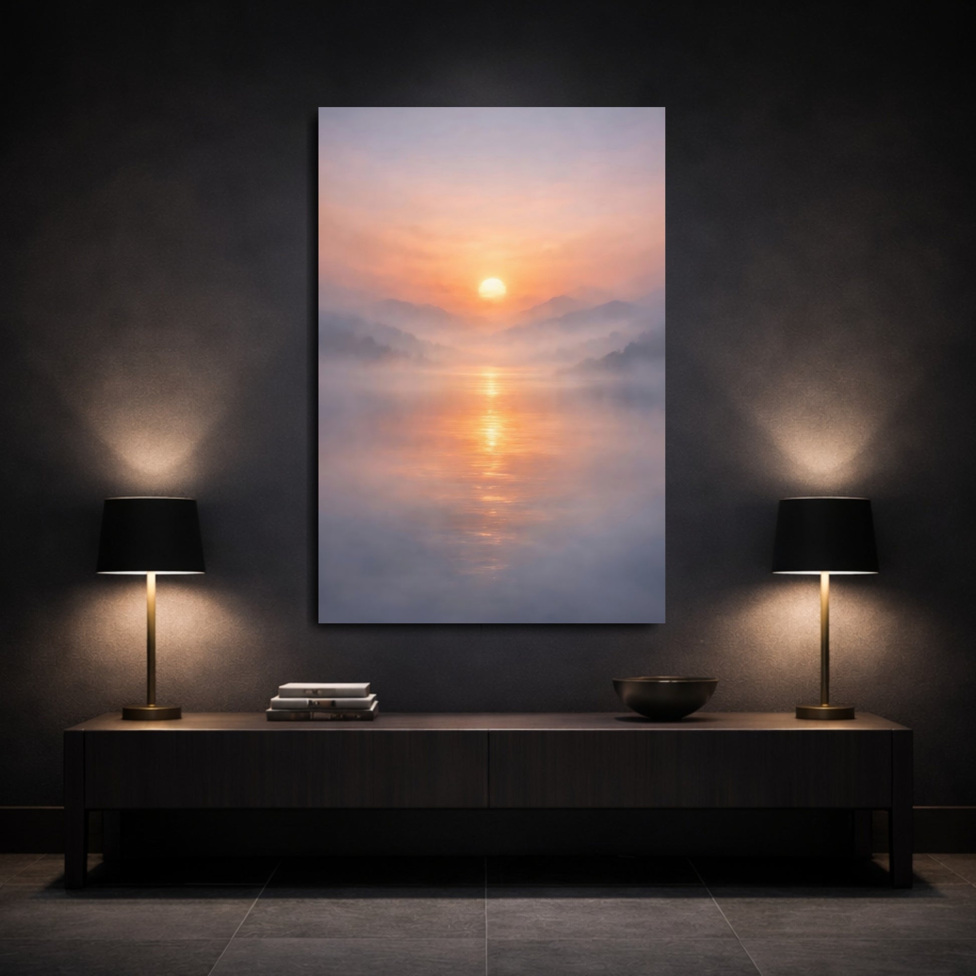 Mockup 2. Nature Sunrise Misty Sunset shown as stretched canvas wall art