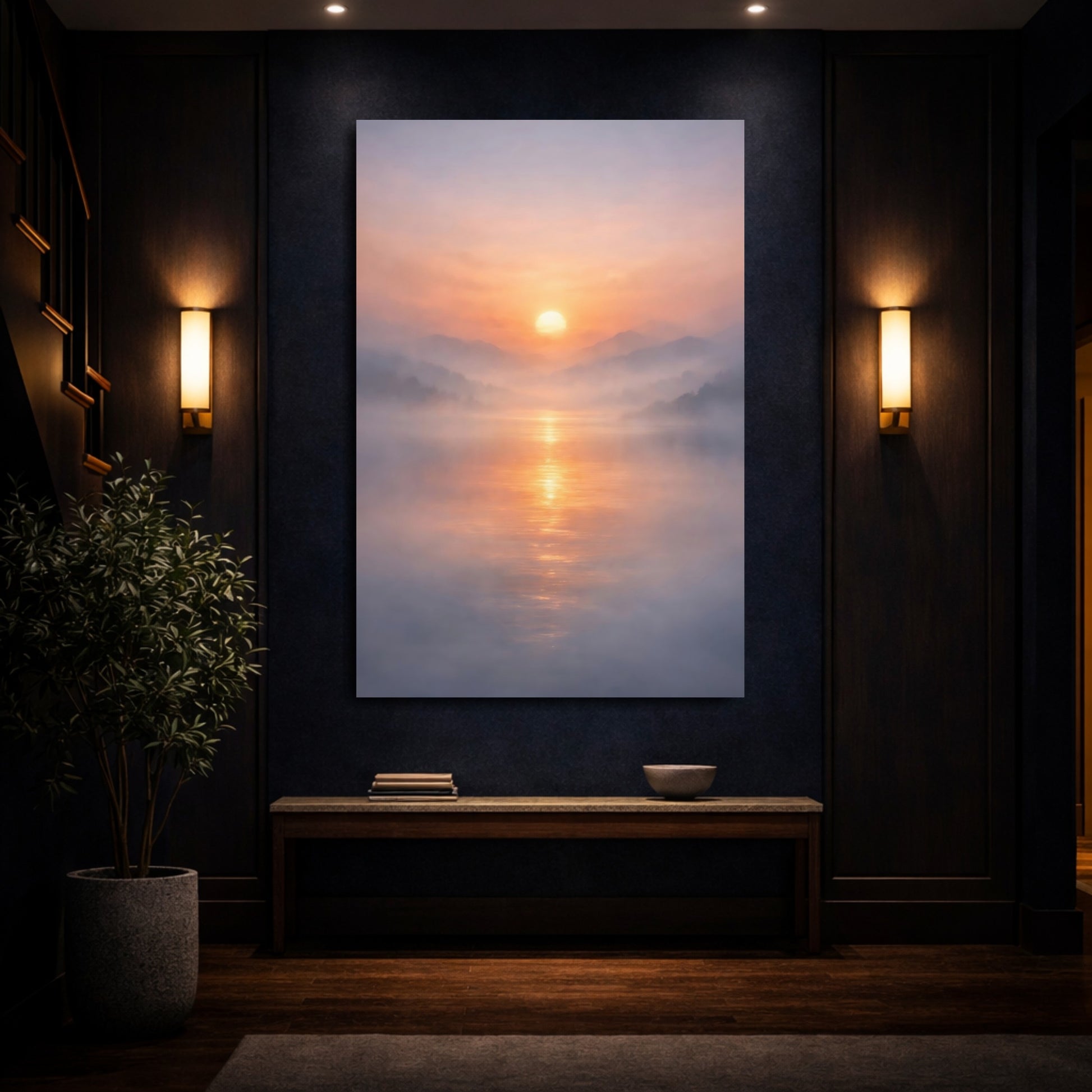 Mockup 3. Nature Sunrise Misty Sunset shown as stretched canvas wall art