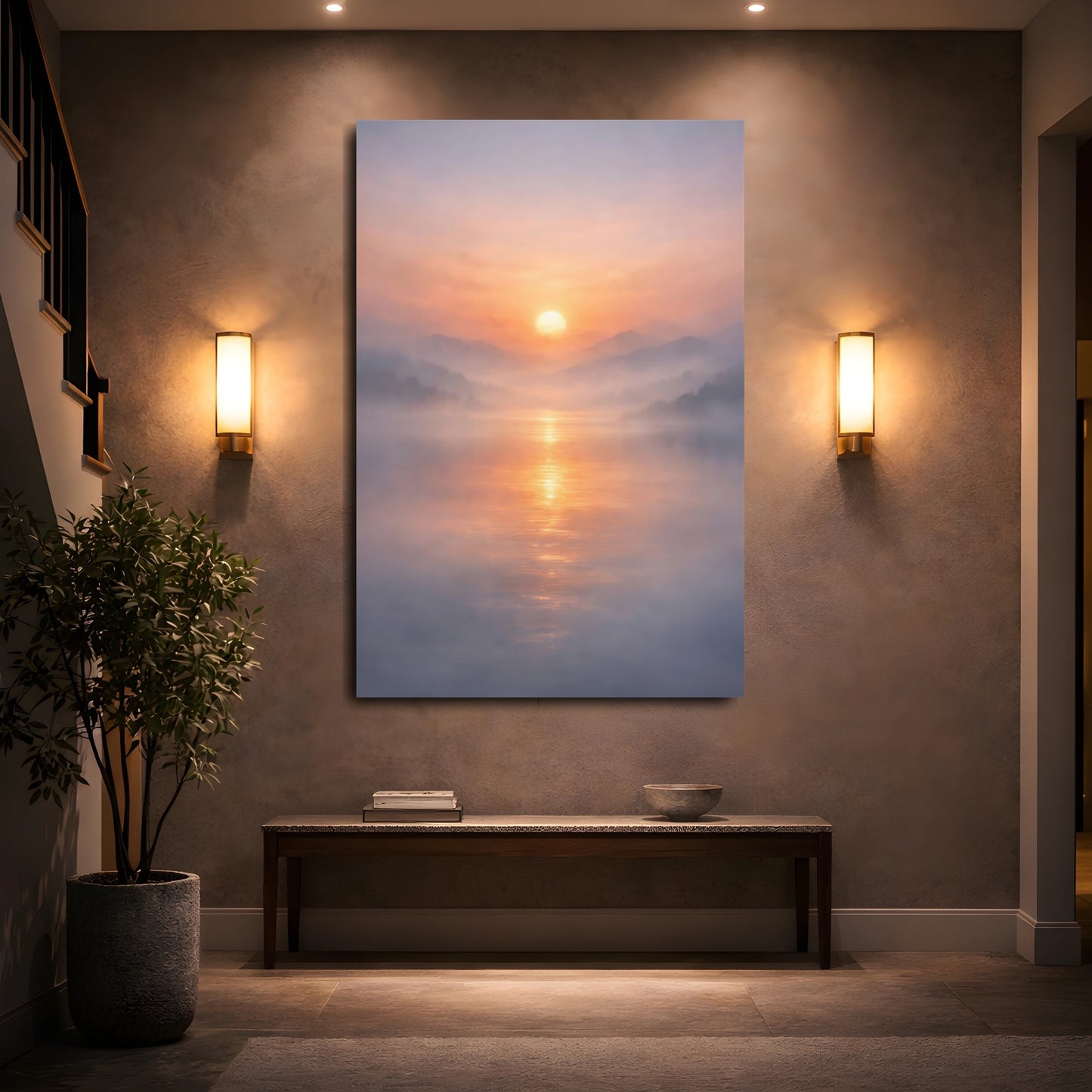 Mockup 4. Nature Sunrise Misty Sunset shown as stretched canvas wall art