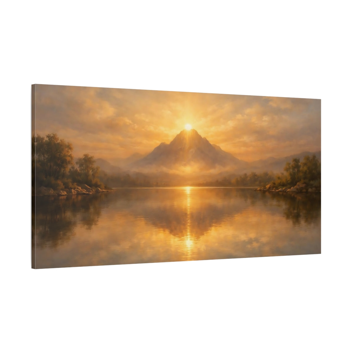 Main Mockup. Nature Sunrise Mountain Golden Mountain shown as stretched canvas wall art