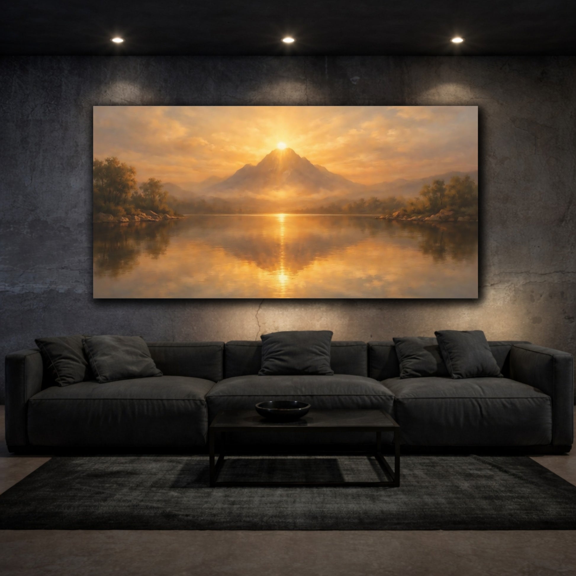 Mockup 2. Nature Sunrise Mountain Golden Mountain shown as stretched canvas wall art