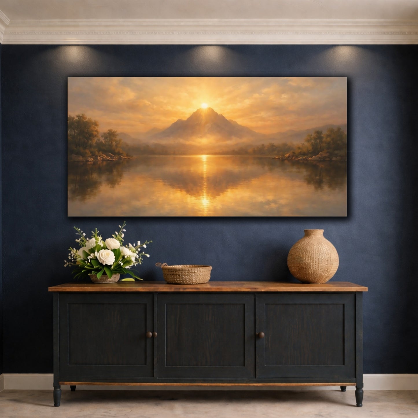 Mockup 4. Nature Sunrise Mountain Golden Mountain shown as stretched canvas wall art