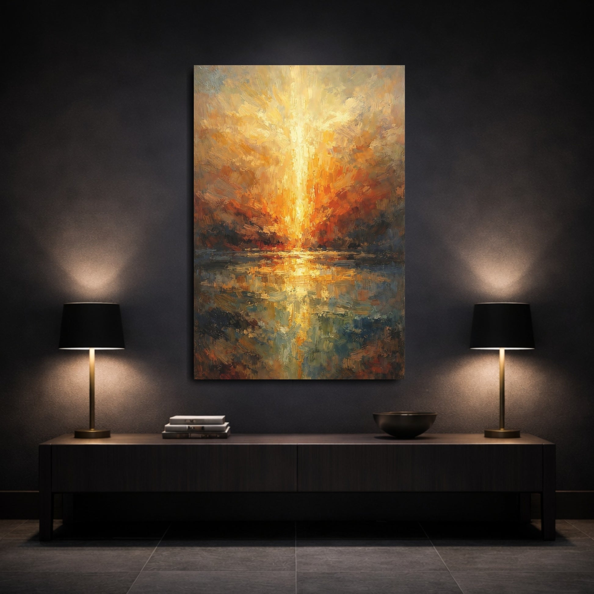 Mockup 2. Nature Sunrise Orange Blue Sunrise shown as stretched canvas wall art