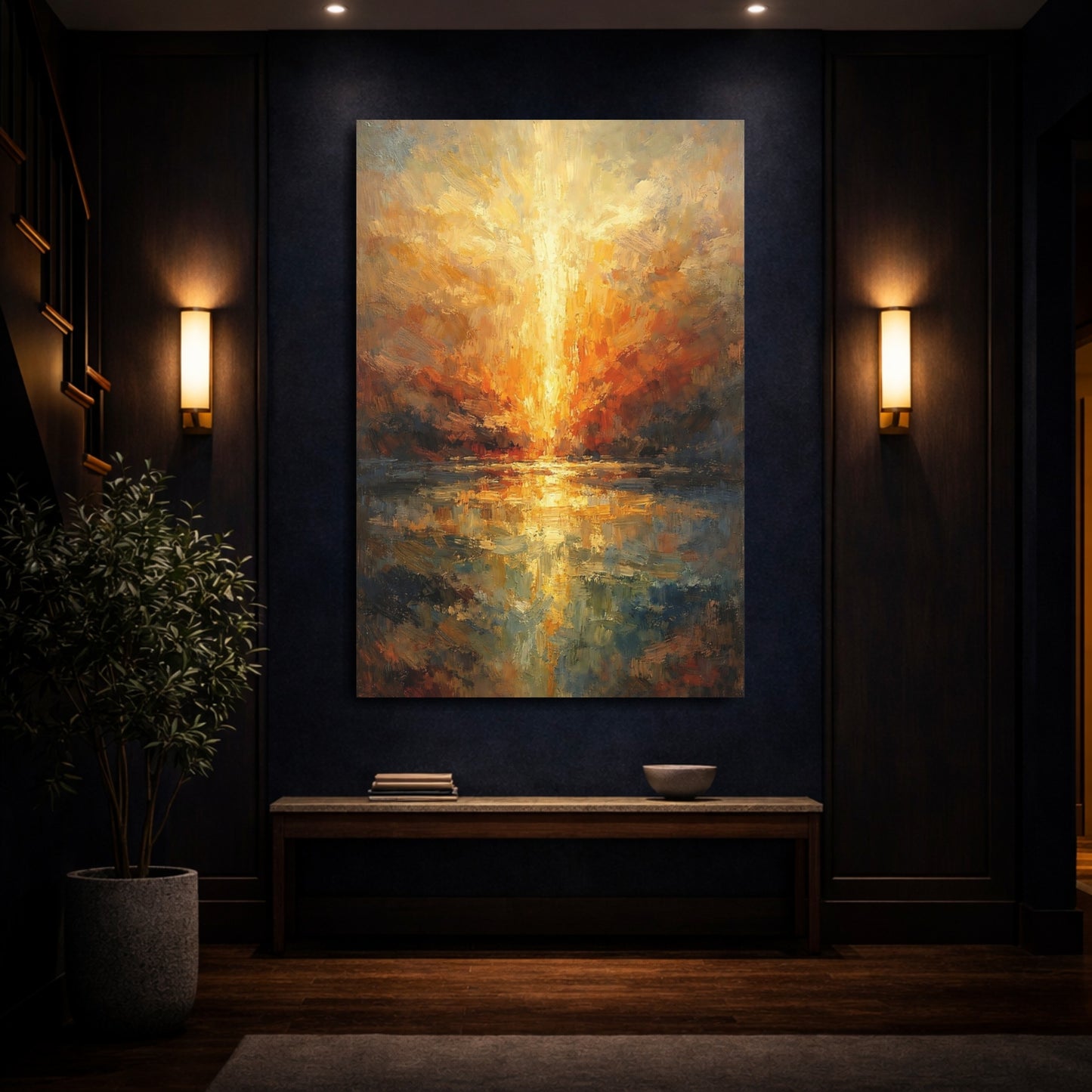 Mockup 3. Nature Sunrise Orange Blue Sunrise shown as stretched canvas wall art
