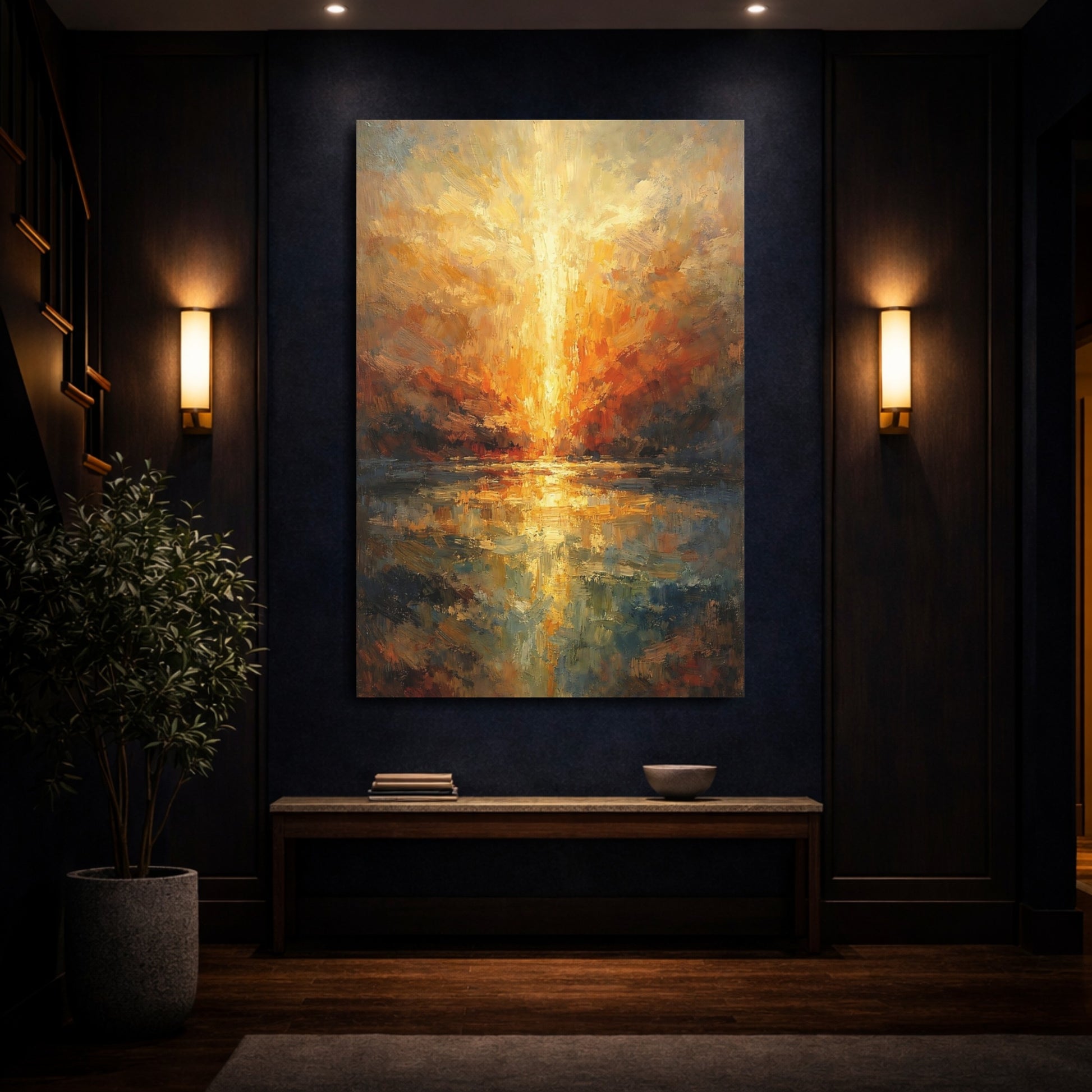 Mockup 3. Nature Sunrise Orange Blue Sunrise shown as stretched canvas wall art