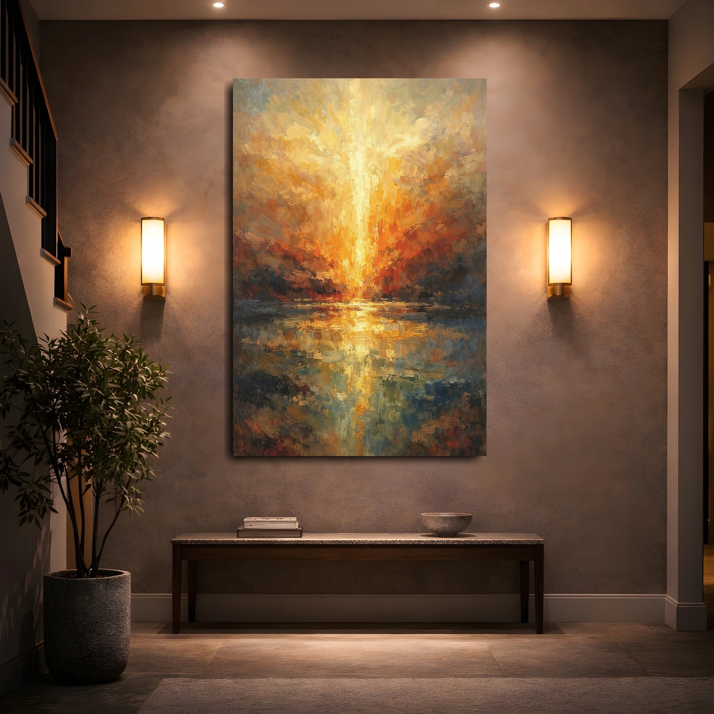 Mockup 4. Nature Sunrise Orange Blue Sunrise shown as stretched canvas wall art