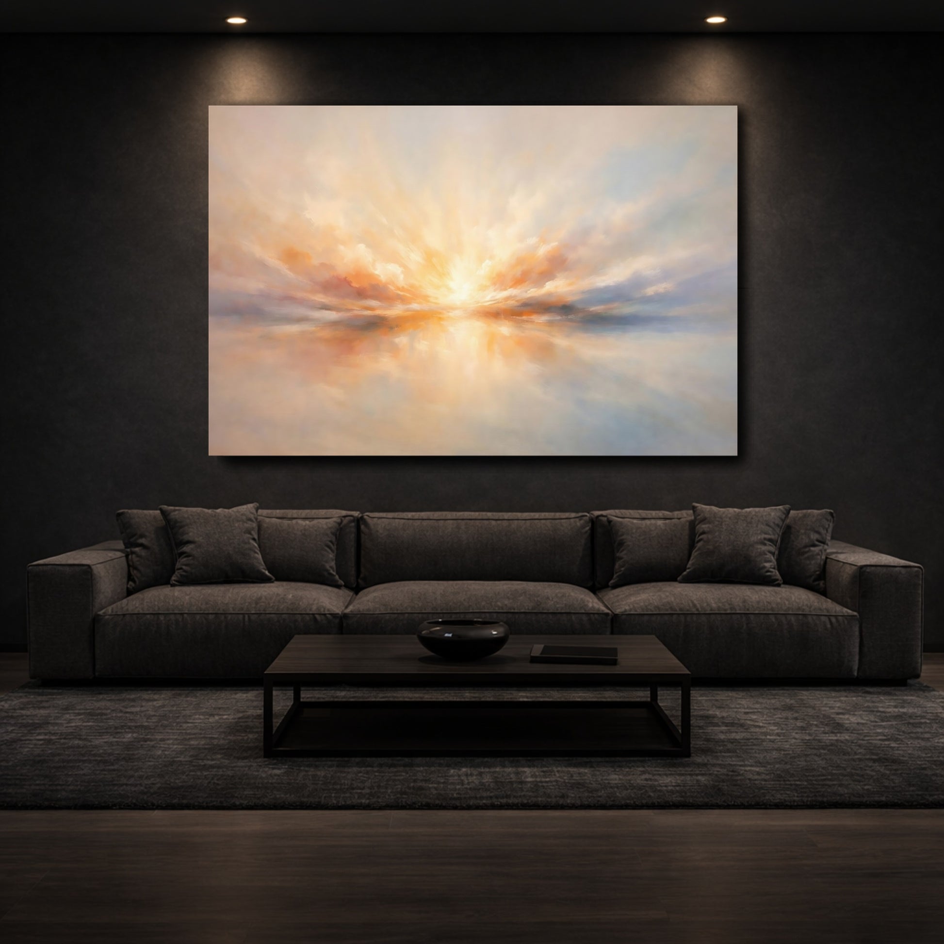 Mockup 2. Nature Sunrise Sunset Orange Blue Horizon shown as stretched canvas wall art