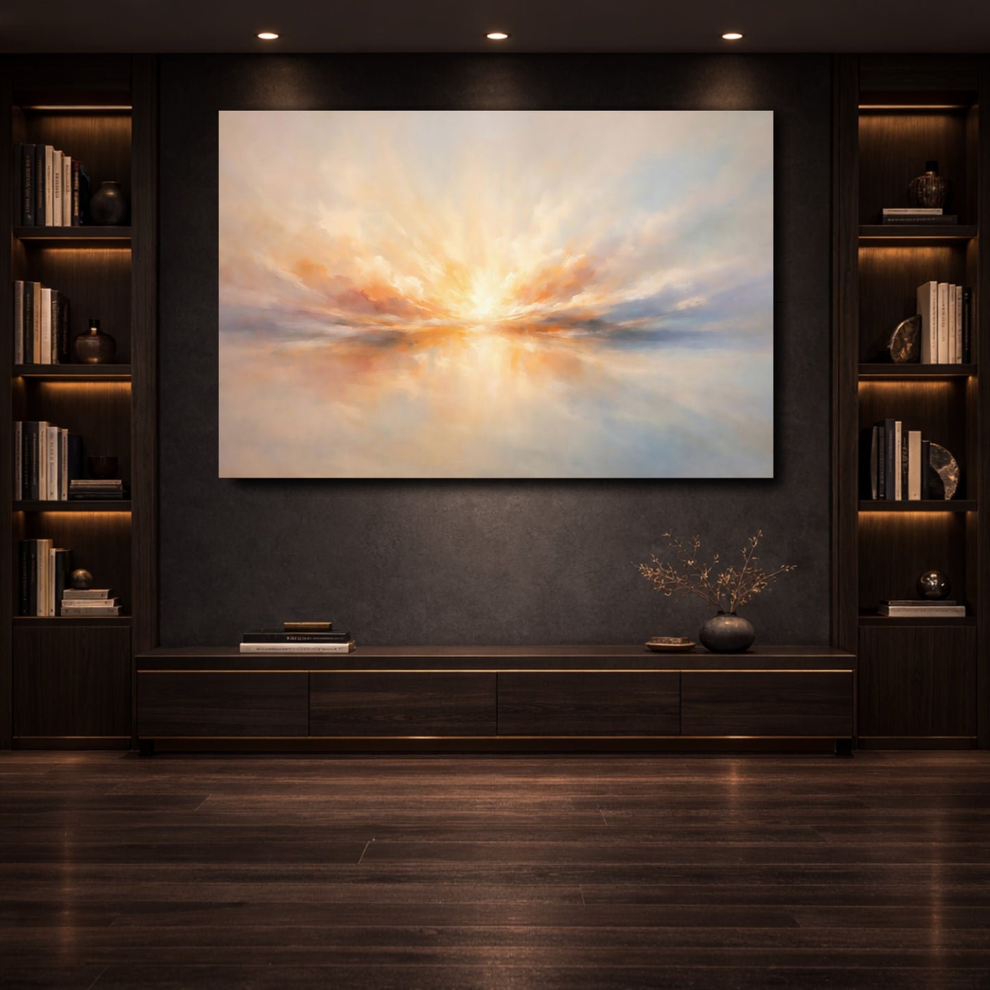 Mockup 3. Nature Sunrise Sunset Orange Blue Horizon shown as stretched canvas wall art