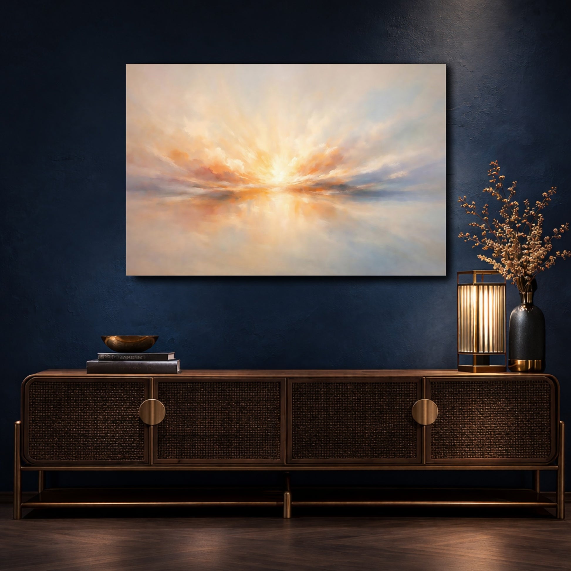 Mockup 4. Nature Sunrise Sunset Orange Blue Horizon shown as stretched canvas wall art