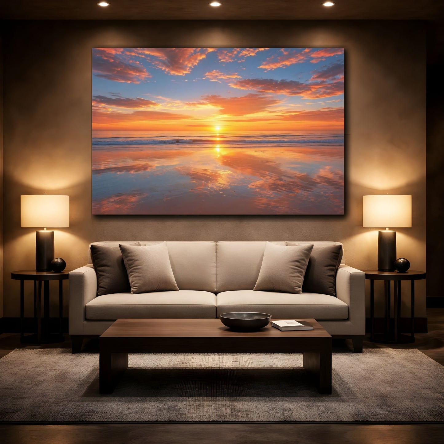 Mockup 2. Nature Sunset Beach Orange And Blue shown as stretched canvas wall art