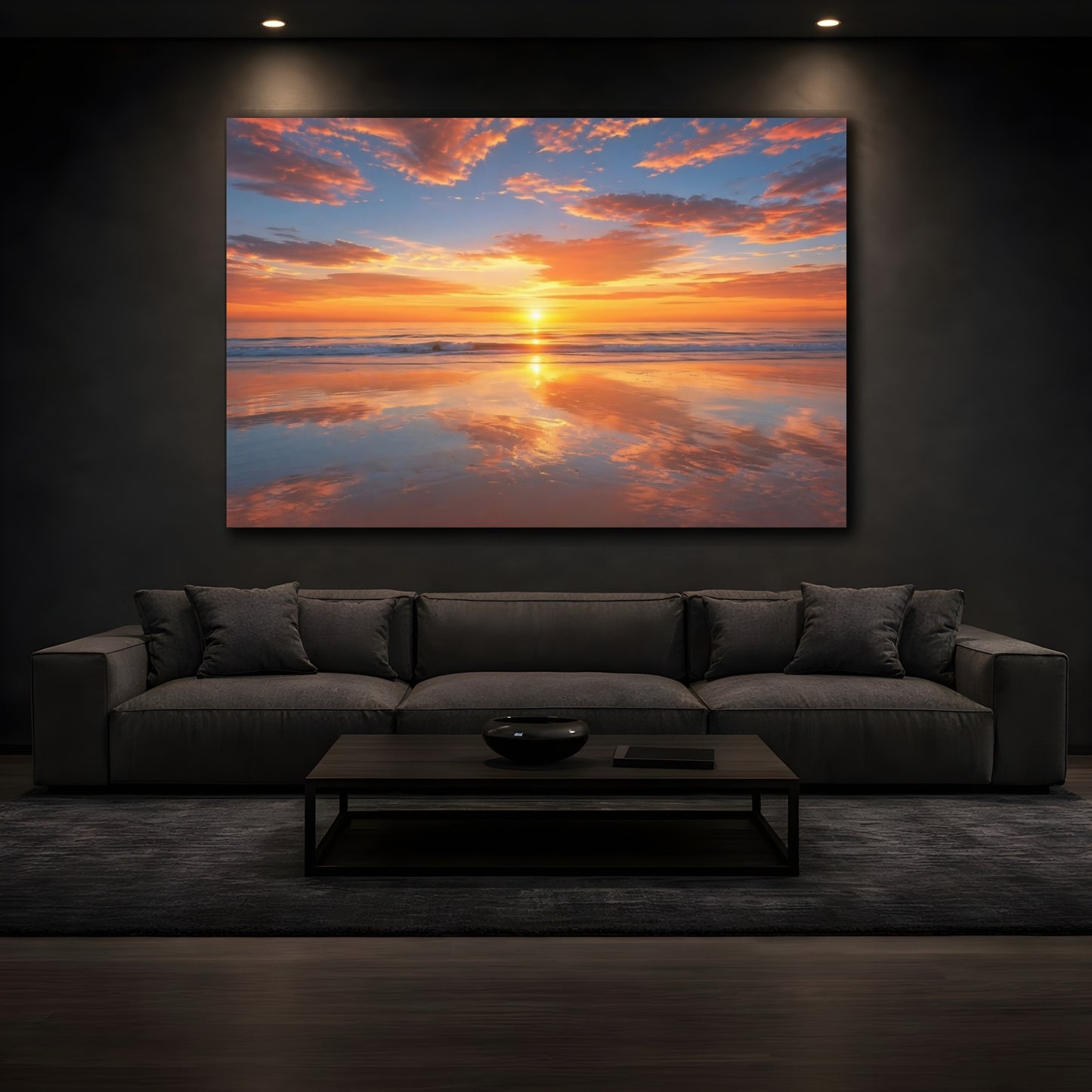 Mockup 3. Nature Sunset Beach Orange And Blue shown as stretched canvas wall art