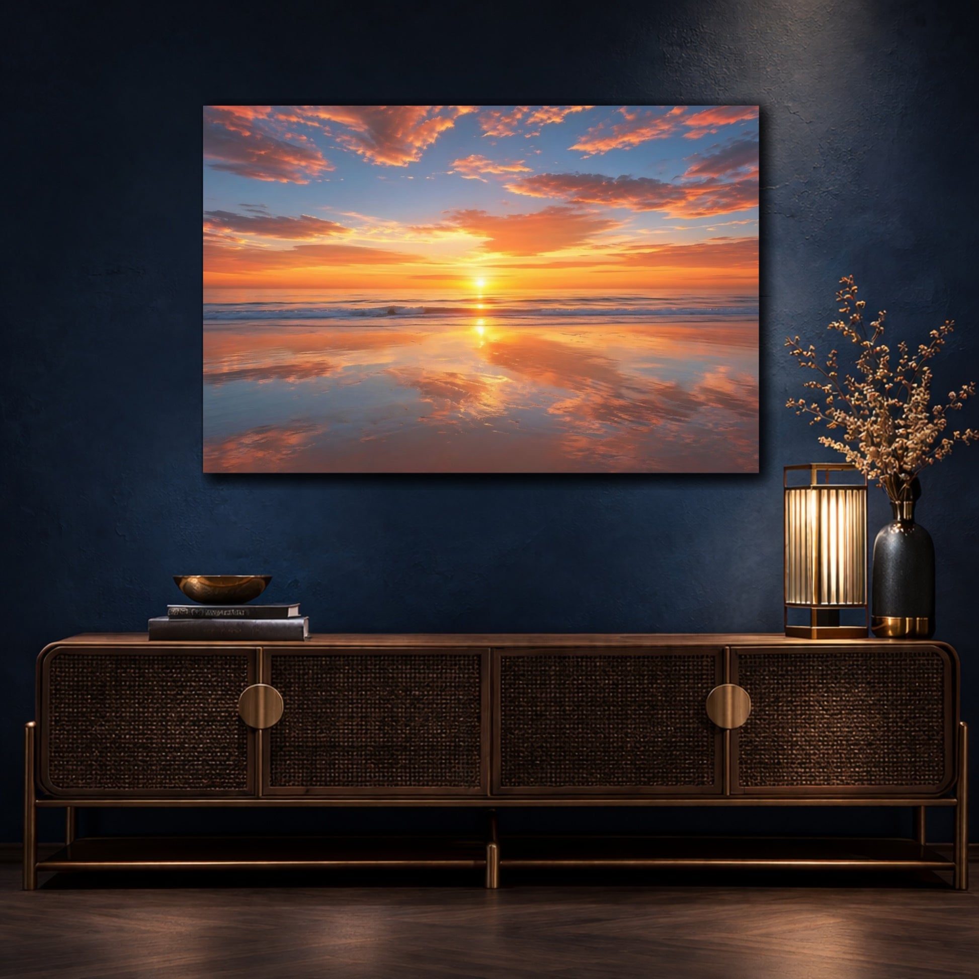 Mockup 4. Nature Sunset Beach Orange And Blue shown as stretched canvas wall art