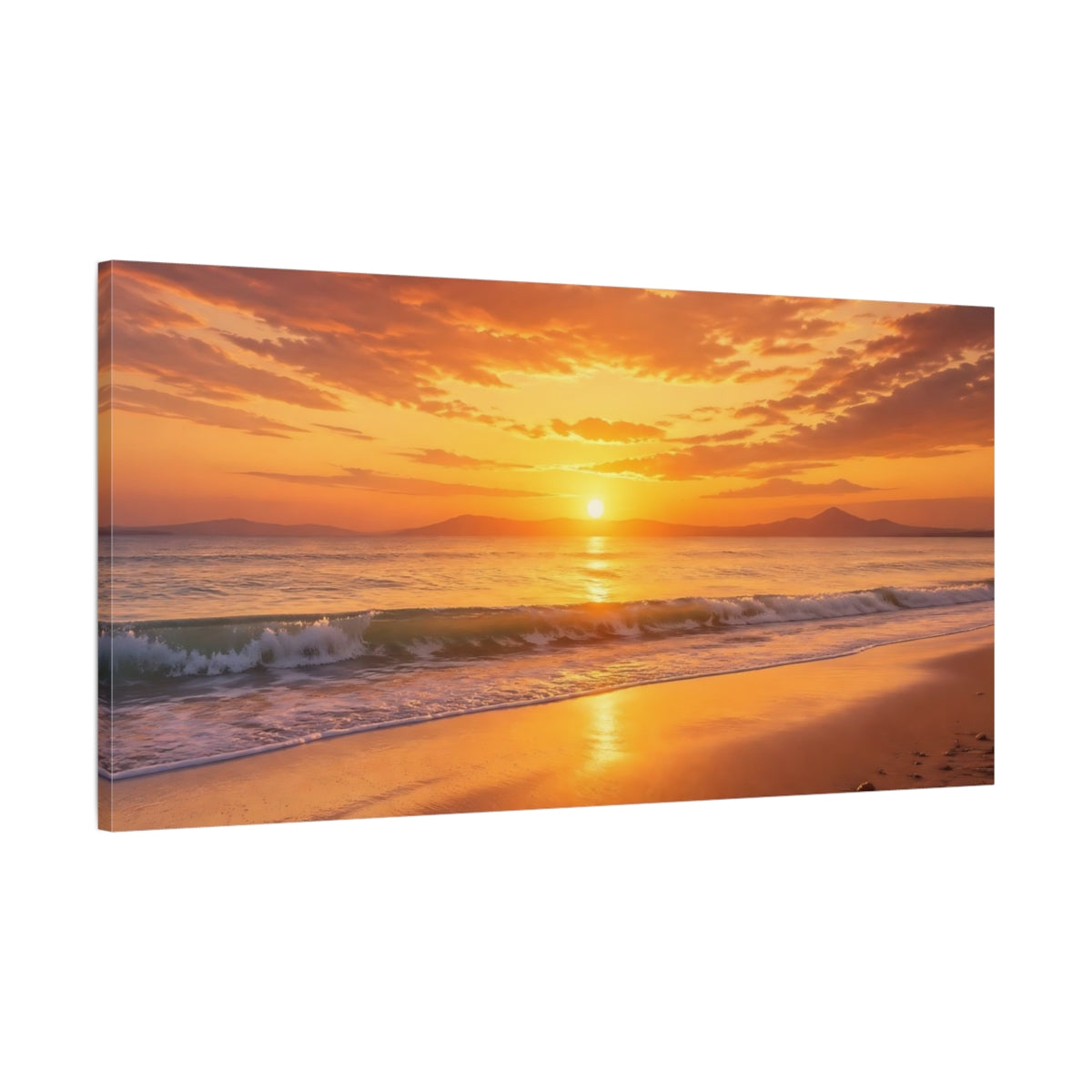 Main Mockup. Nature Sunset Beach Orange And Gold shown as stretched canvas wall art