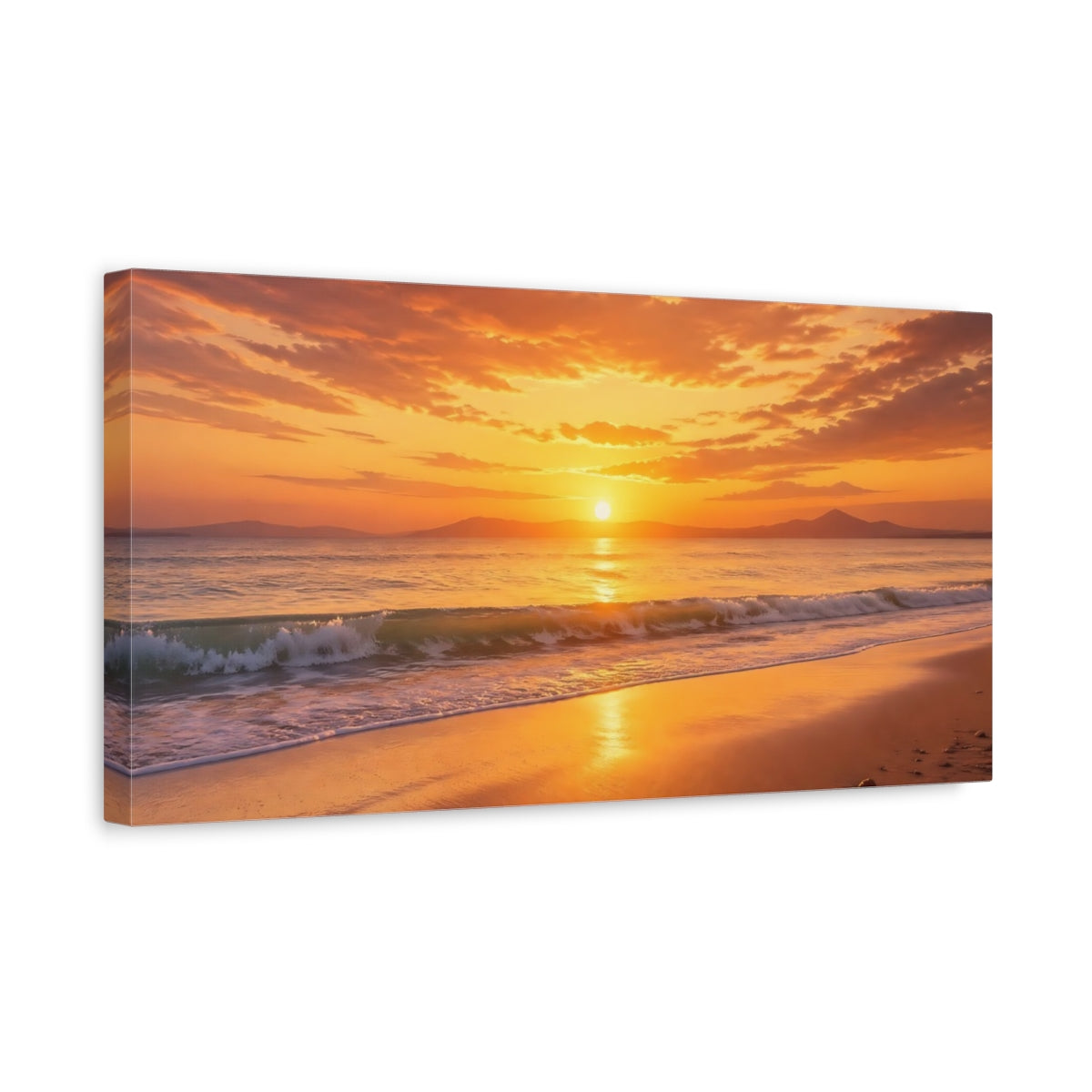 Side Mockup 3. Nature Sunset Beach Orange And Gold shown as stretched canvas wall art