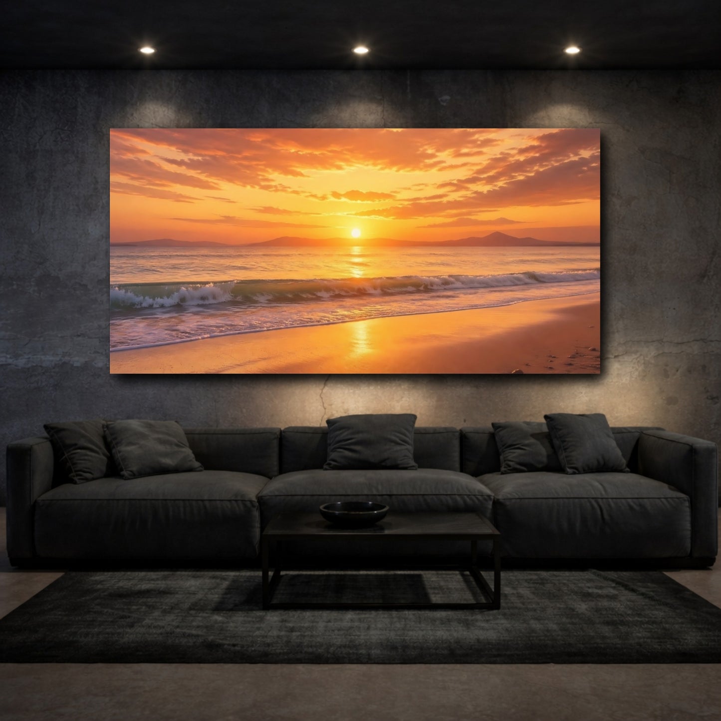 Mockup 2. Nature Sunset Beach Orange And Gold shown as stretched canvas wall art