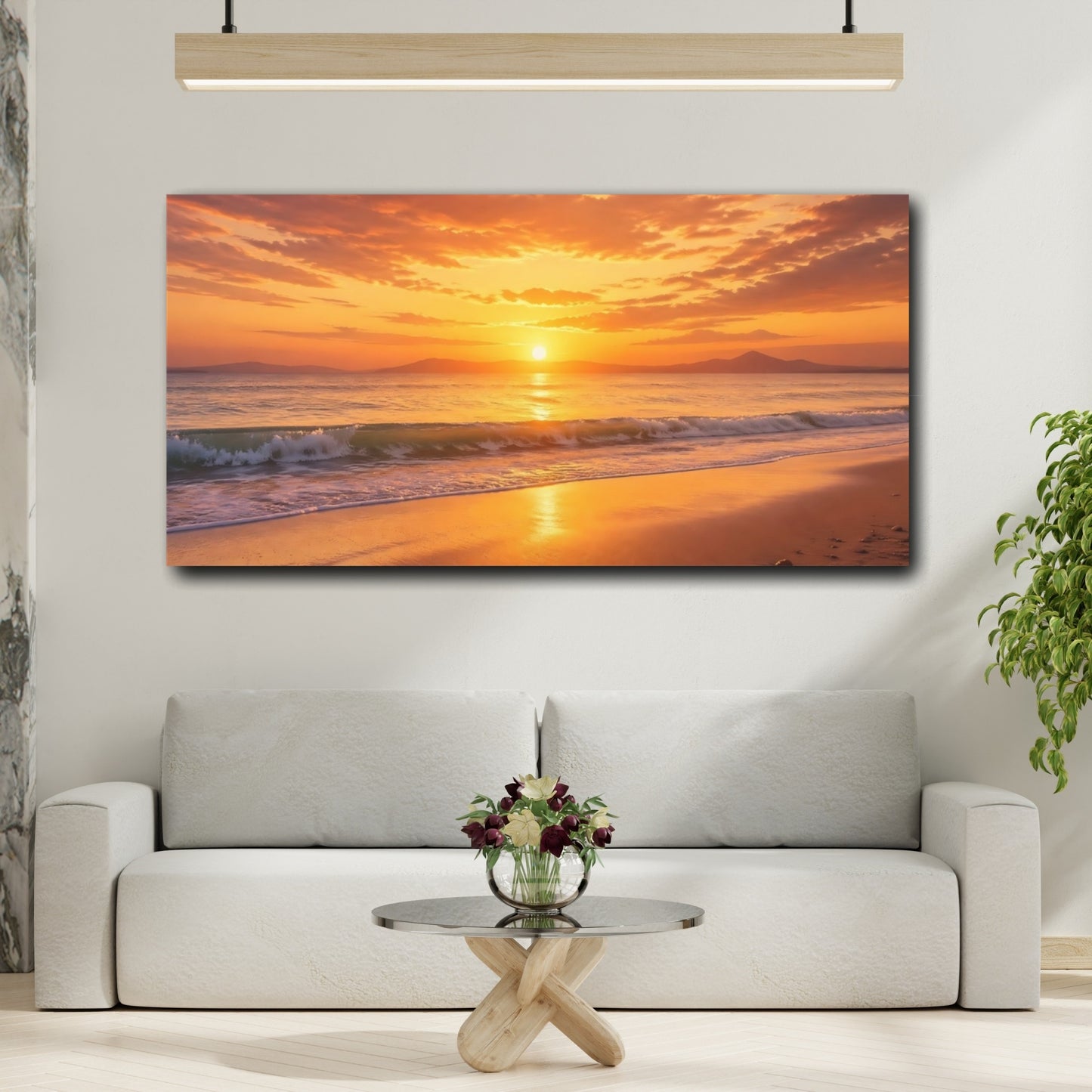 Mockup 3. Nature Sunset Beach Orange And Gold shown as stretched canvas wall art