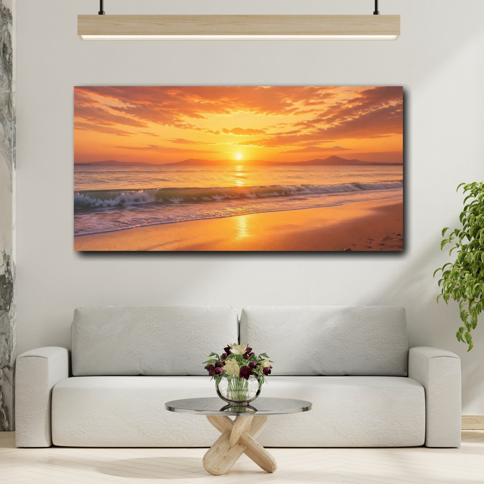 Mockup 3. Nature Sunset Beach Orange And Gold shown as stretched canvas wall art