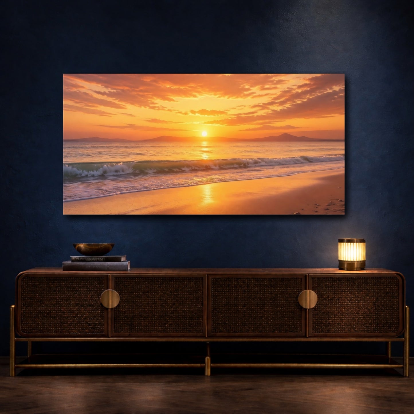 Mockup 4. Nature Sunset Beach Orange And Gold shown as stretched canvas wall art