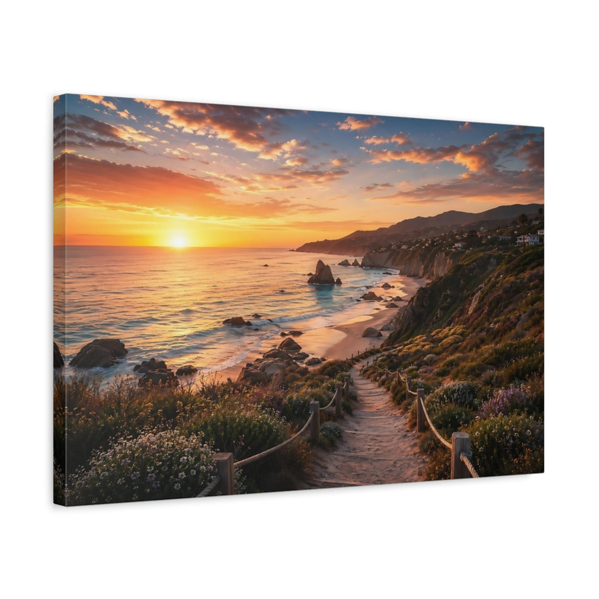 Side Mockup 3. Nature Sunset Beach Orange Sunset shown as stretched canvas wall art