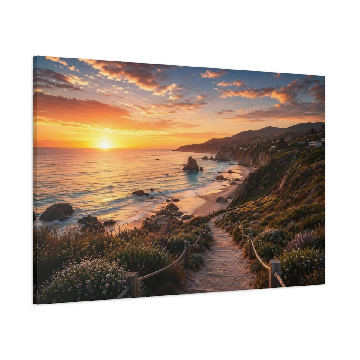 Side Mockup 1. Nature Sunset Beach Orange Sunset shown as stretched canvas wall art