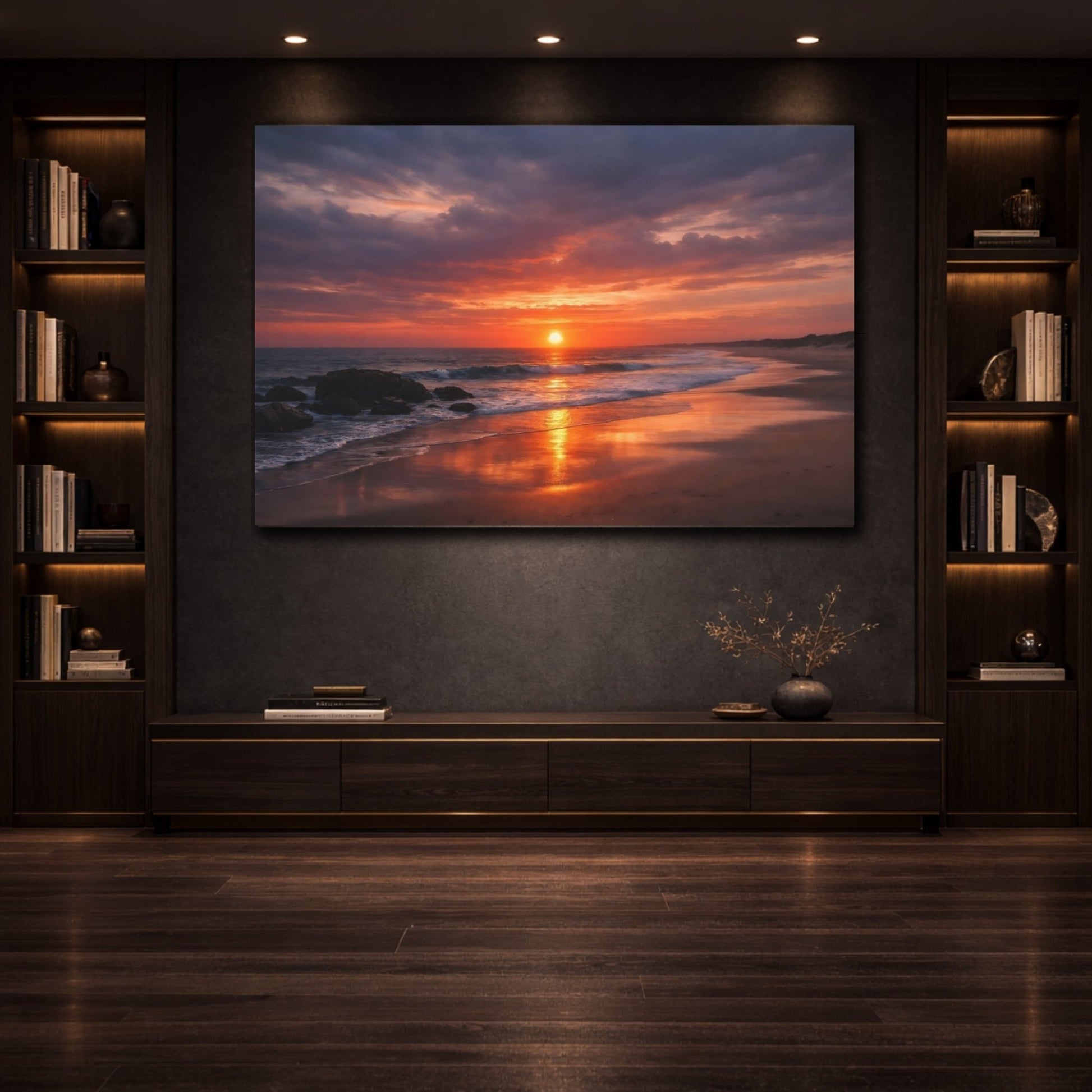 Nature Sunset Beach Orange Ocean - Canvas Wall Art Print - YesArtYes