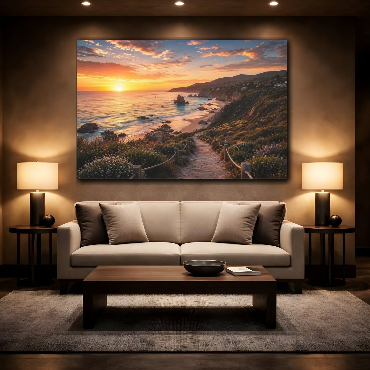 Mockup 2. Nature Sunset Beach Orange Sunset shown as stretched canvas wall art