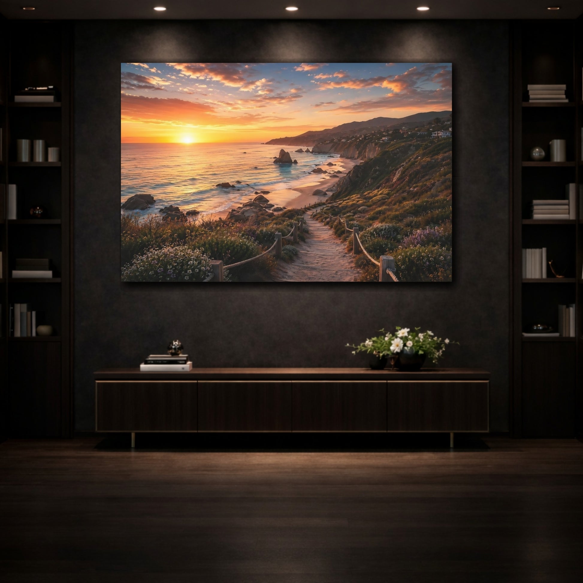 Mockup 3. Nature Sunset Beach Orange Sunset shown as stretched canvas wall art