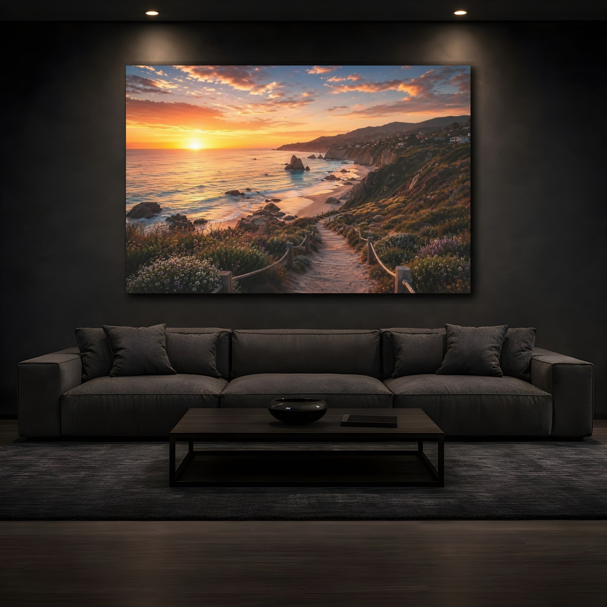 Mockup 4. Nature Sunset Beach Orange Sunset shown as stretched canvas wall art