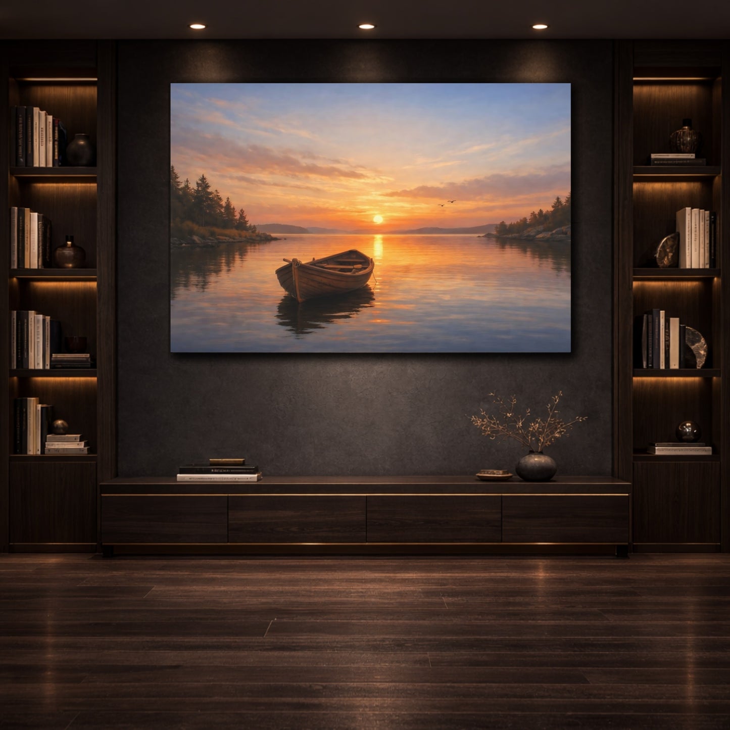 Mockup 2. Nature Sunset Boat shown as stretched canvas wall art