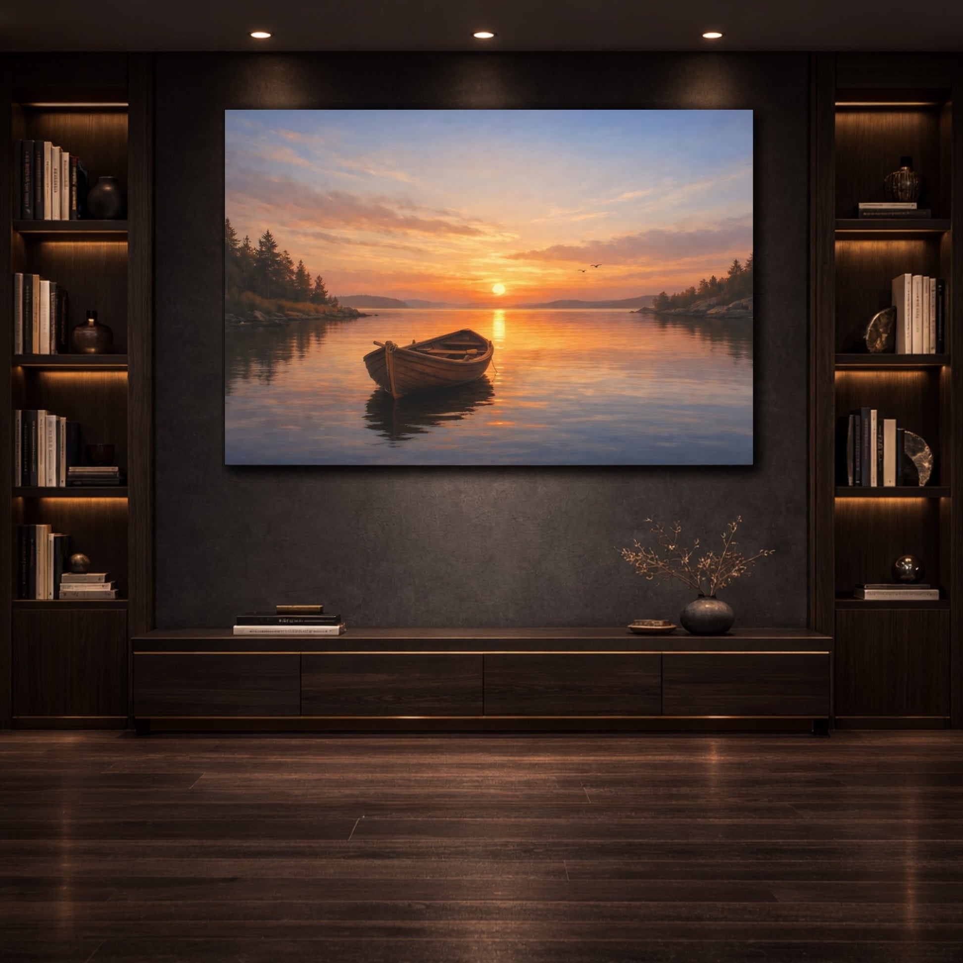 Mockup 2. Nature Sunset Boat shown as stretched canvas wall art