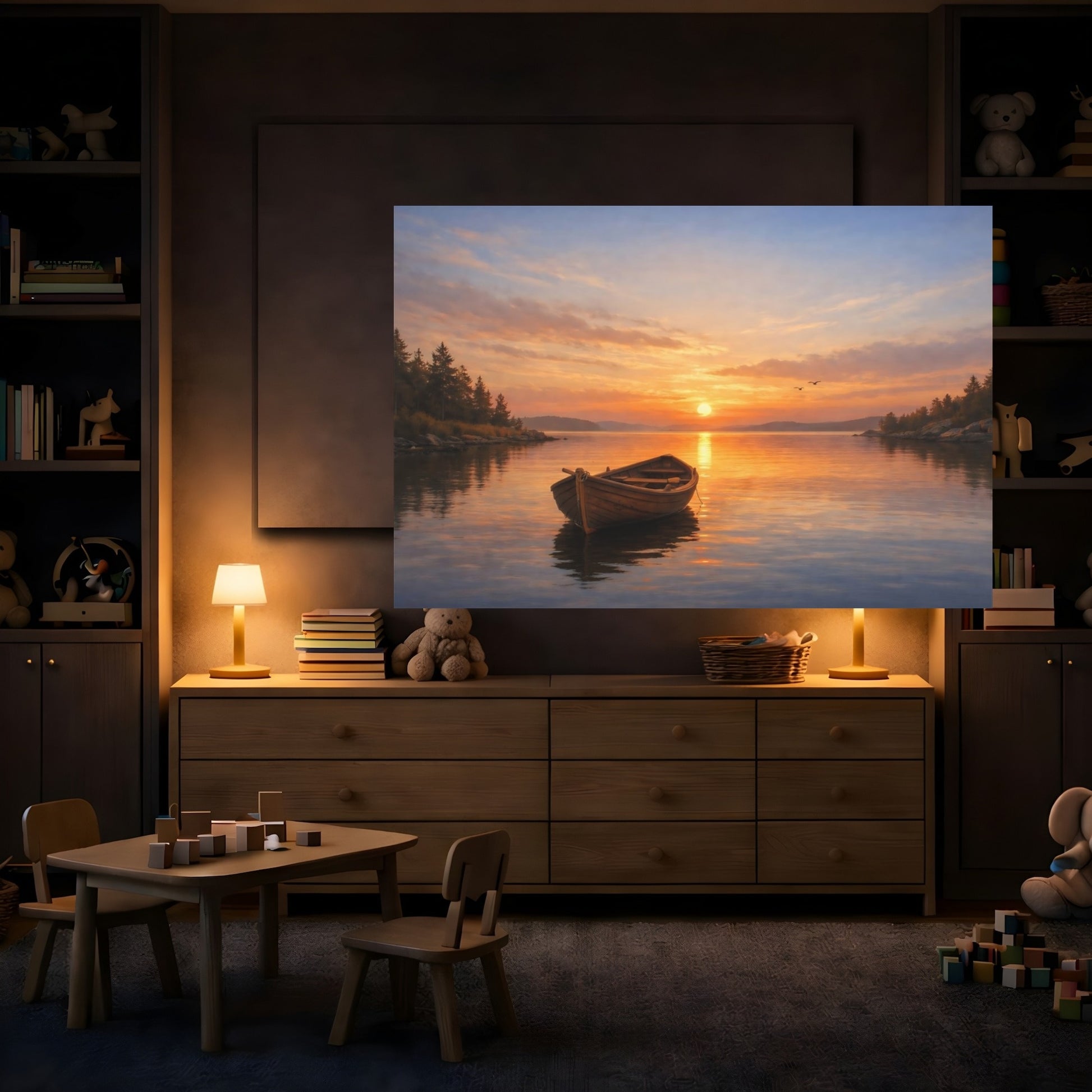 Mockup 3. Nature Sunset Boat shown as stretched canvas wall art