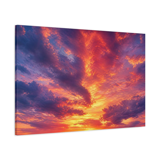 Main Mockup. Nature Sunset Clouds Orange Purple Sky shown as stretched canvas wall art
