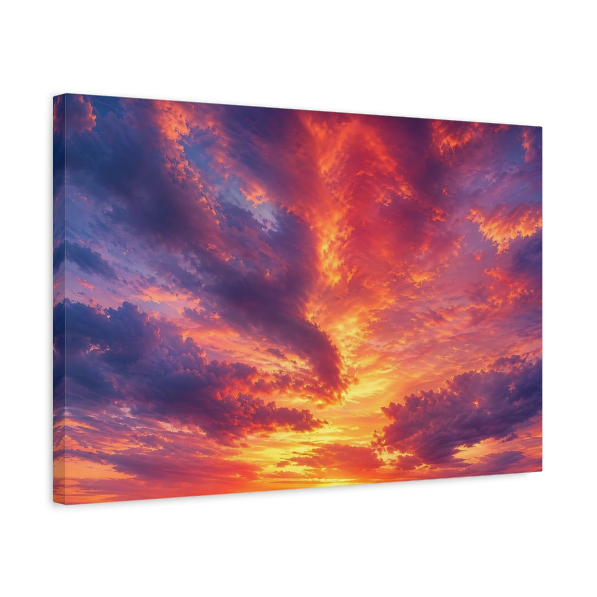 Side Mockup 3. Nature Sunset Clouds Orange Purple Sky shown as stretched canvas wall art