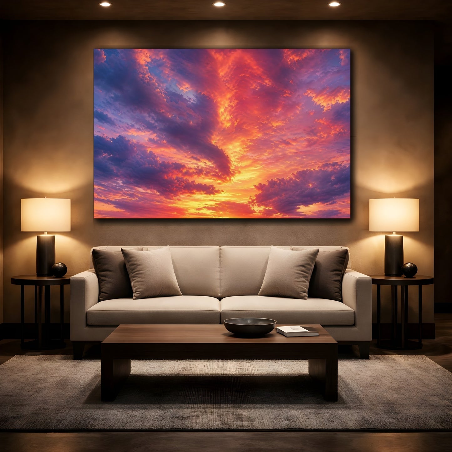 Mockup 2. Nature Sunset Clouds Orange Purple Sky shown as stretched canvas wall art