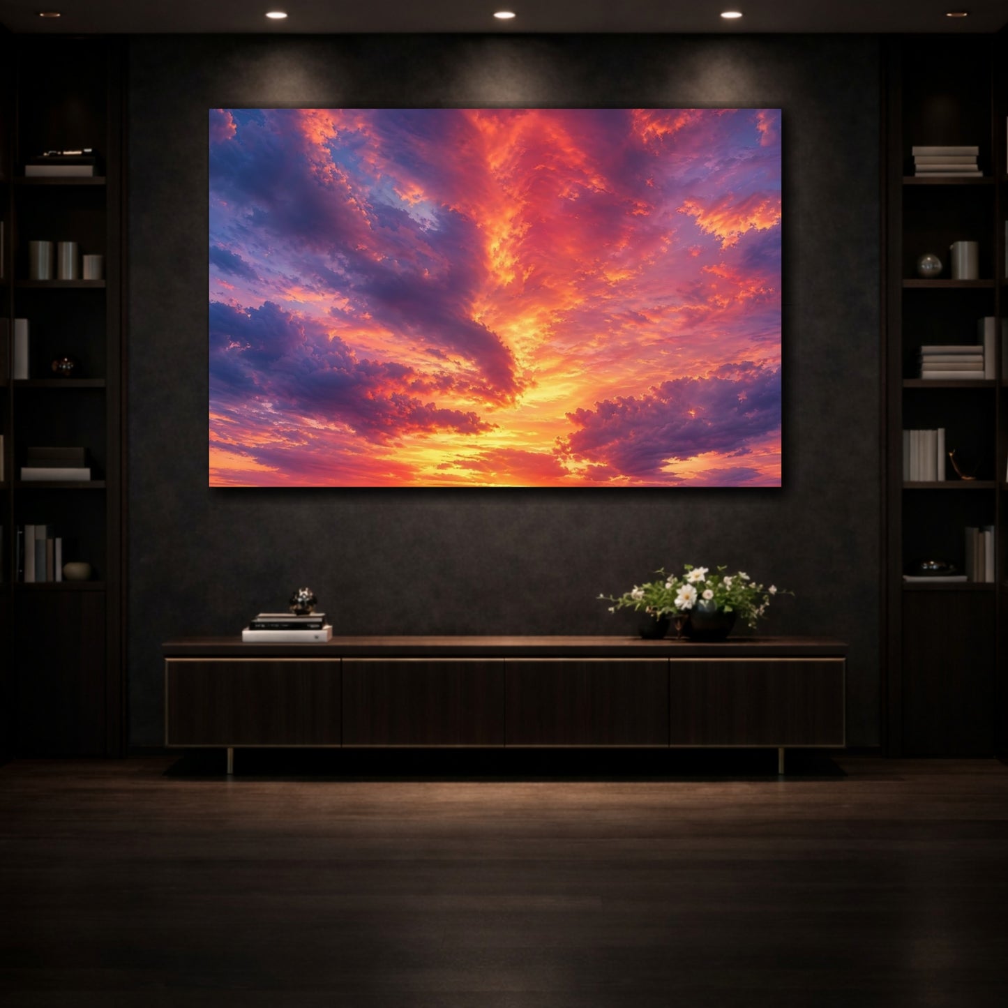 Mockup 3. Nature Sunset Clouds Orange Purple Sky shown as stretched canvas wall art