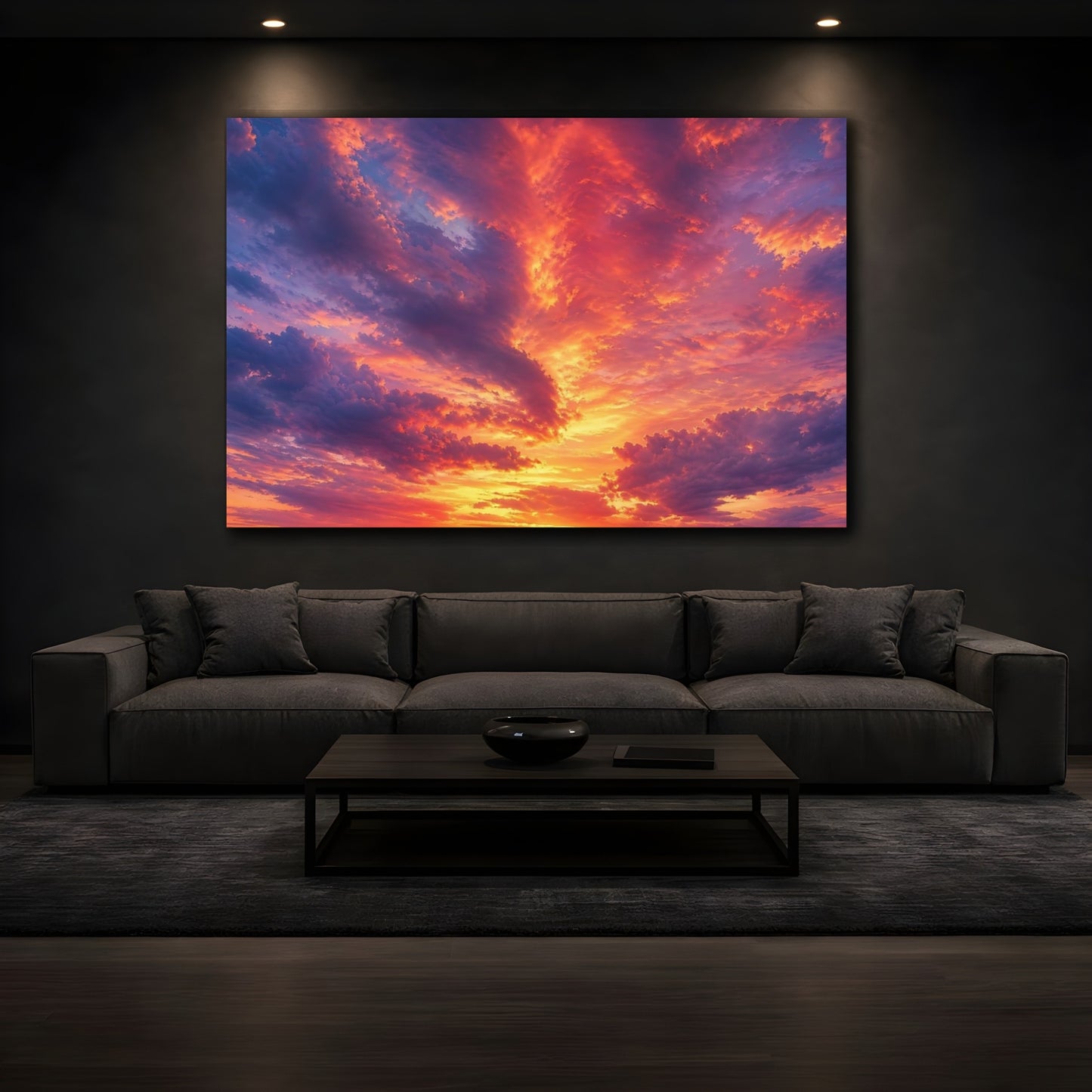 Mockup 4. Nature Sunset Clouds Orange Purple Sky shown as stretched canvas wall art