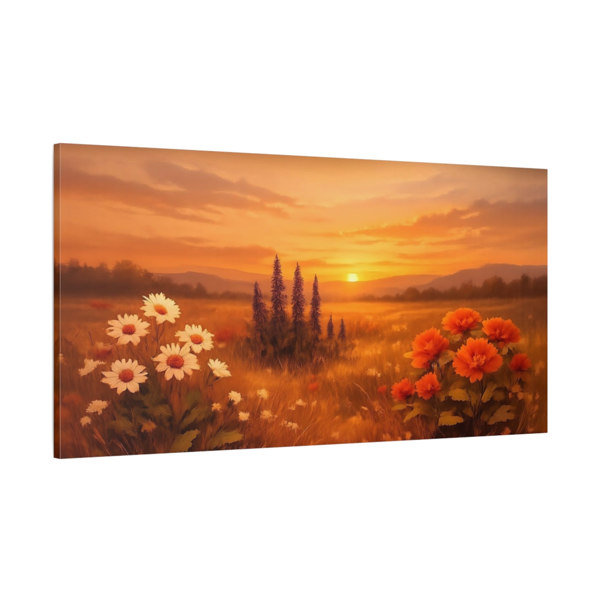 Main Mockup. Nature Sunset Field Orange Sunset Meadow shown as stretched canvas wall art