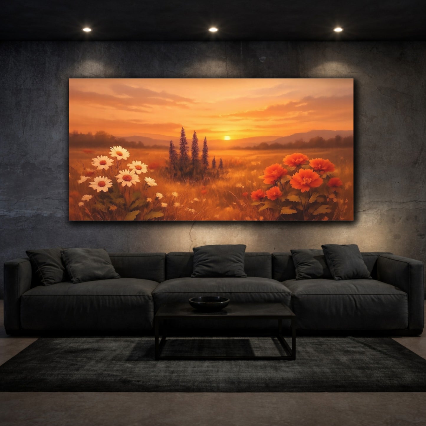 Mockup 2. Nature Sunset Field Orange Sunset Meadow shown as stretched canvas wall art