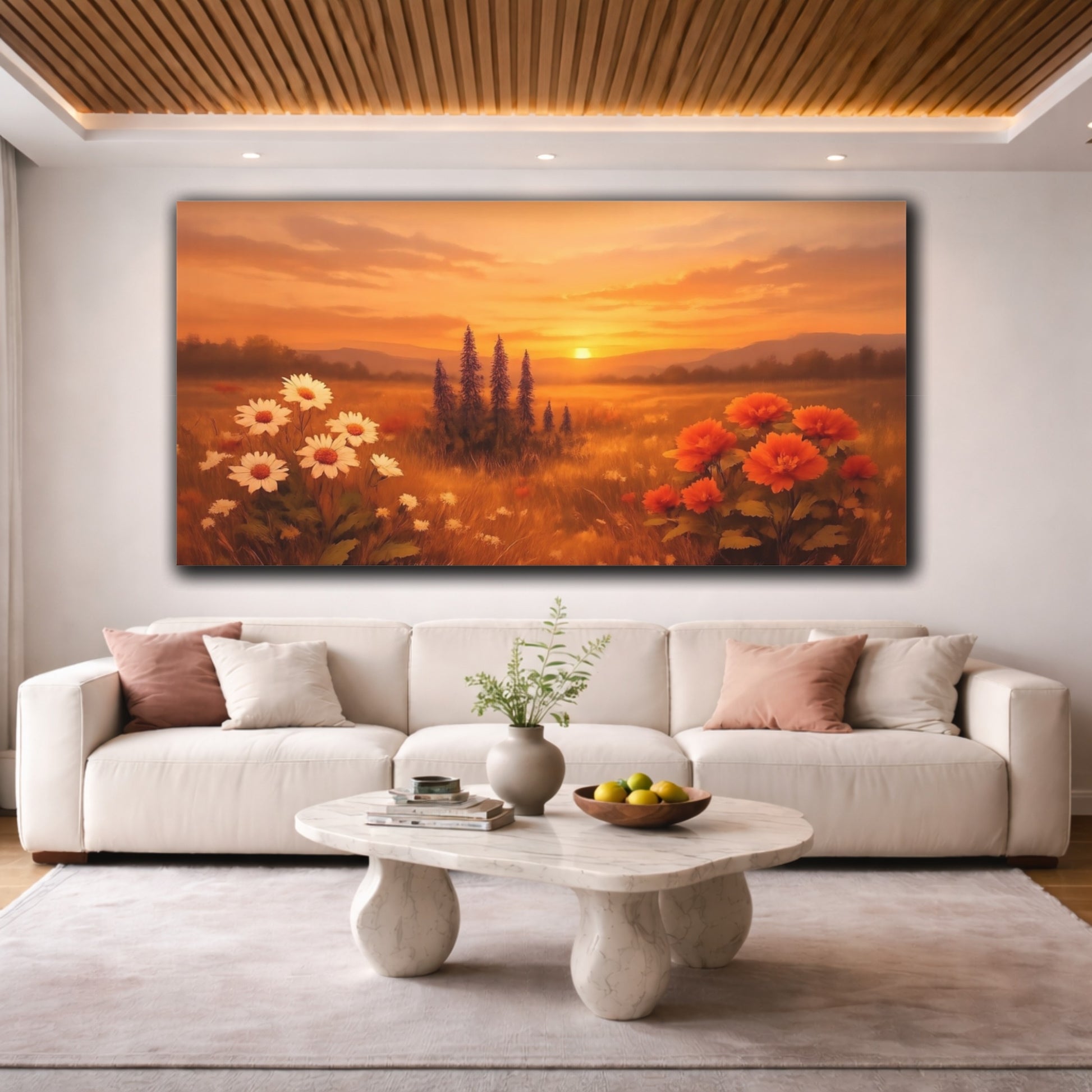 Mockup 3. Nature Sunset Field Orange Sunset Meadow shown as stretched canvas wall art