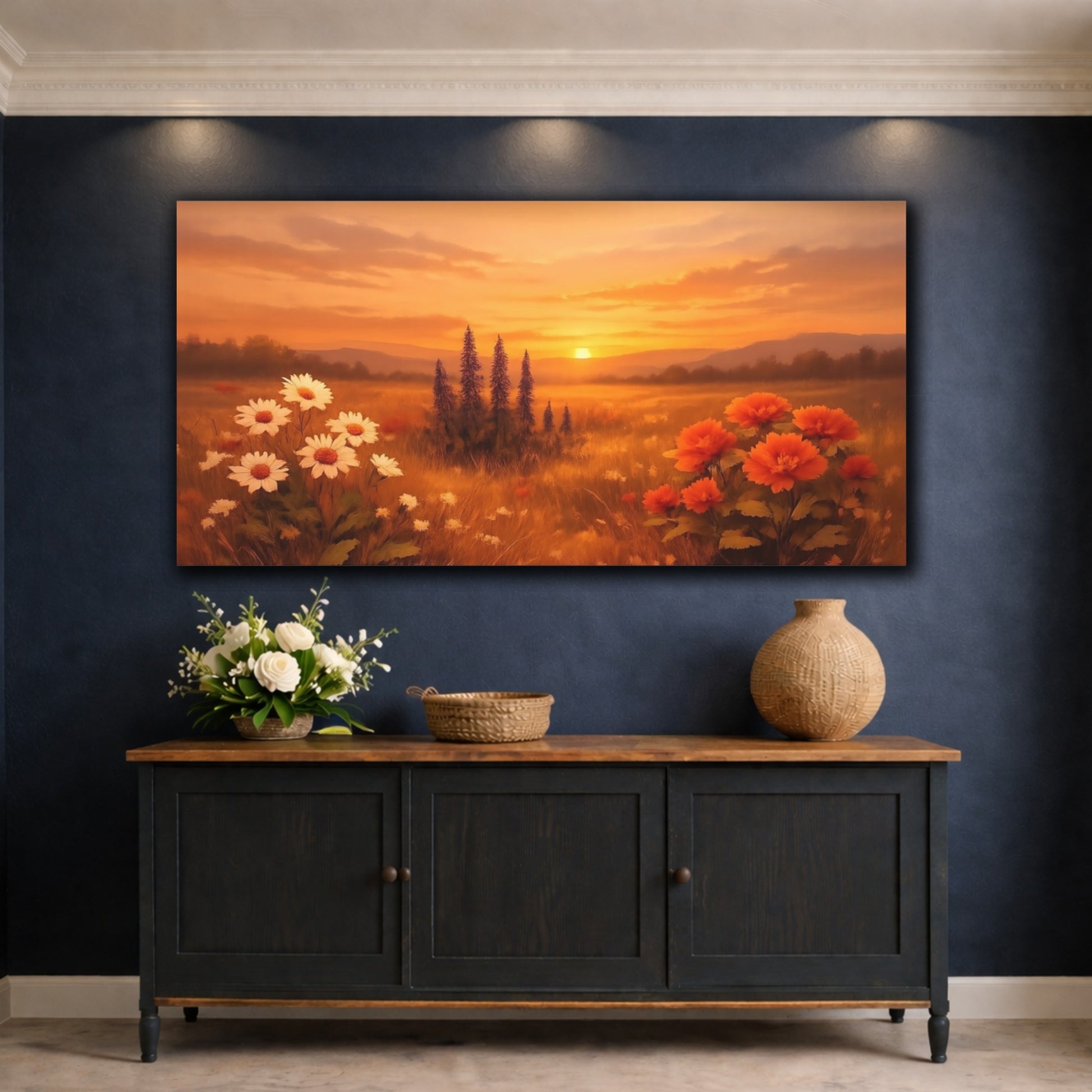 Mockup 4. Nature Sunset Field Orange Sunset Meadow shown as stretched canvas wall art