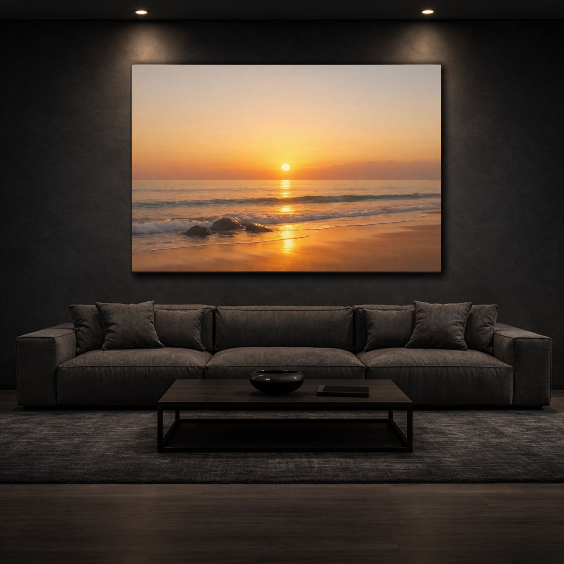 Nature Sunset Golden Beach Sunset shown as front canvas room wall art