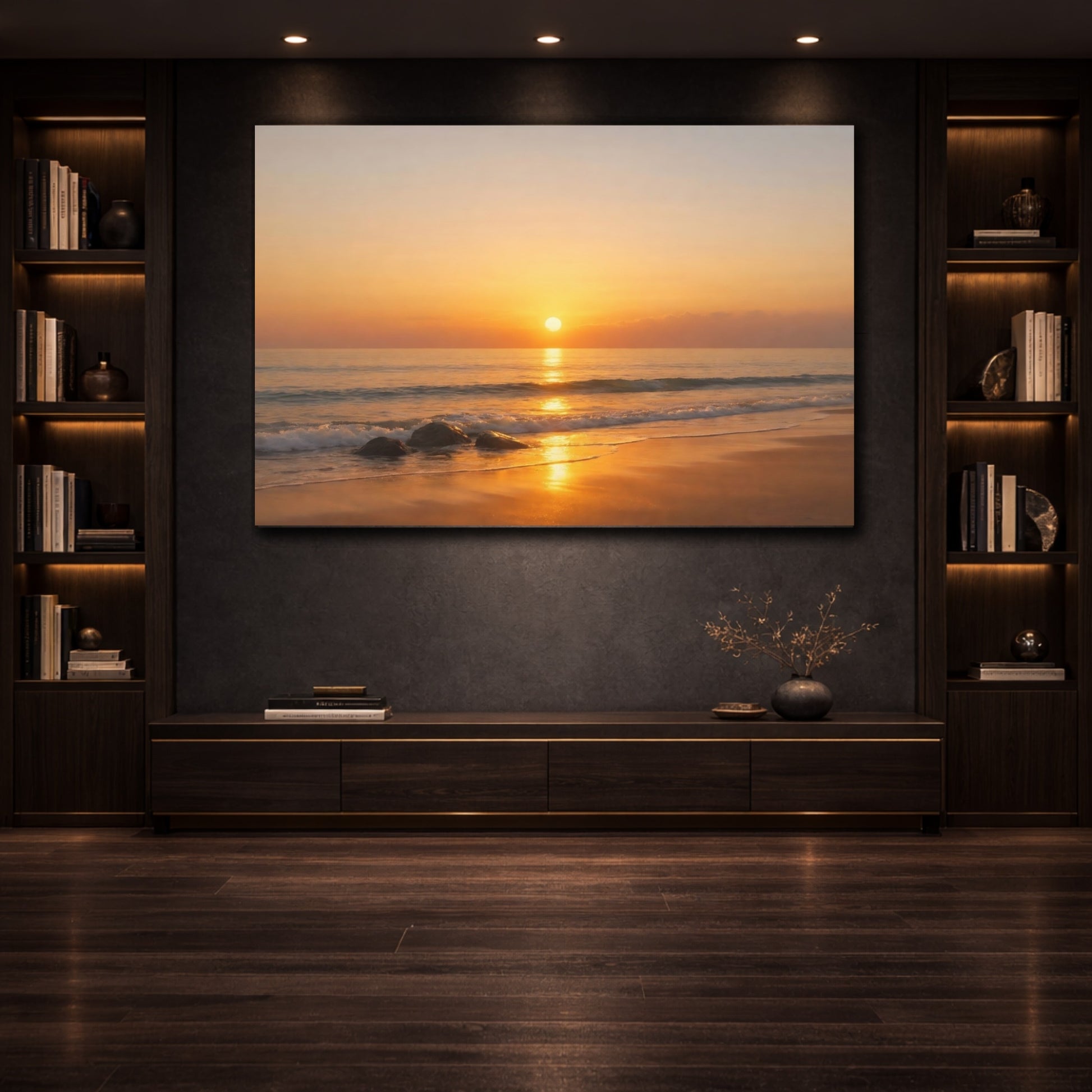 Nature Sunset Golden Beach Sunset shown as front canvas room wall art