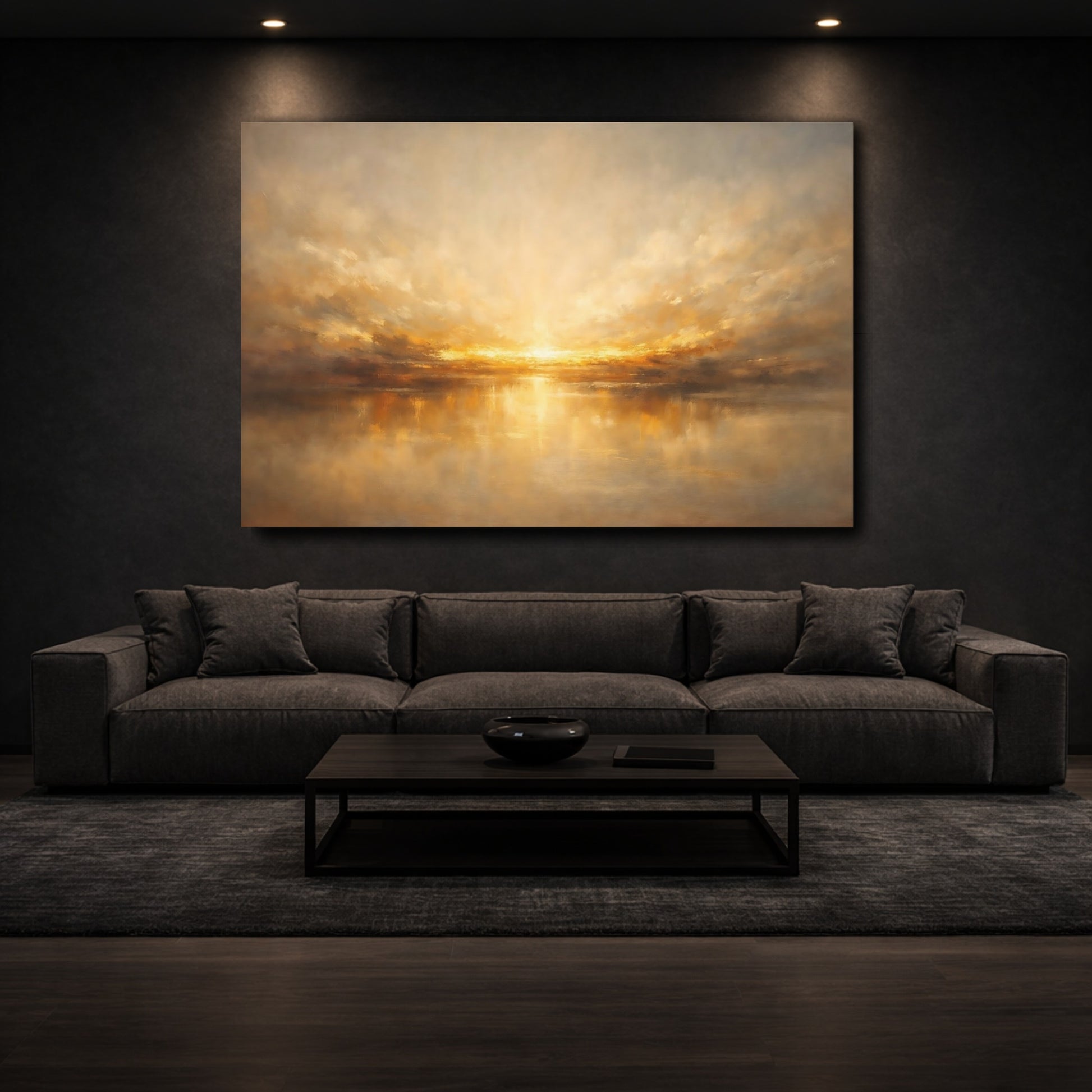 Mockup 2. Nature Sunset Golden Seascape shown as stretched canvas wall art