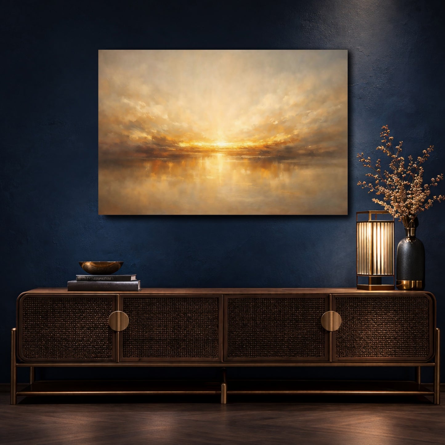 Mockup 4. Nature Sunset Golden Seascape shown as stretched canvas wall art