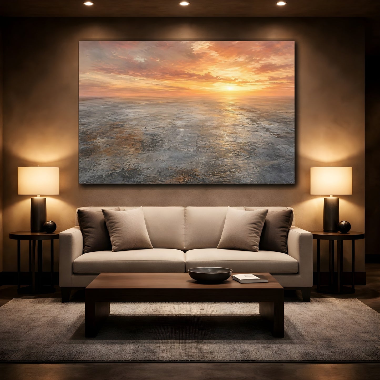 Mockup 2. Nature Sunset Horizon Orange Sunset shown as stretched canvas wall art