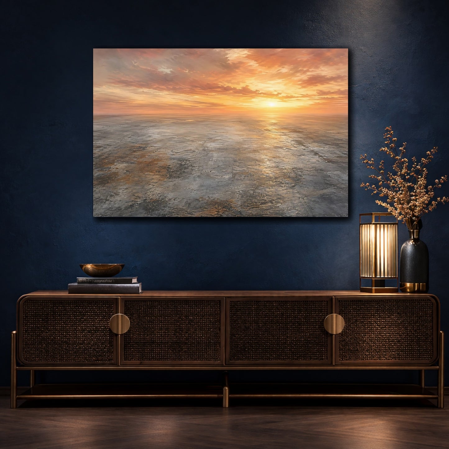 Mockup 4. Nature Sunset Horizon Orange Sunset shown as stretched canvas wall art