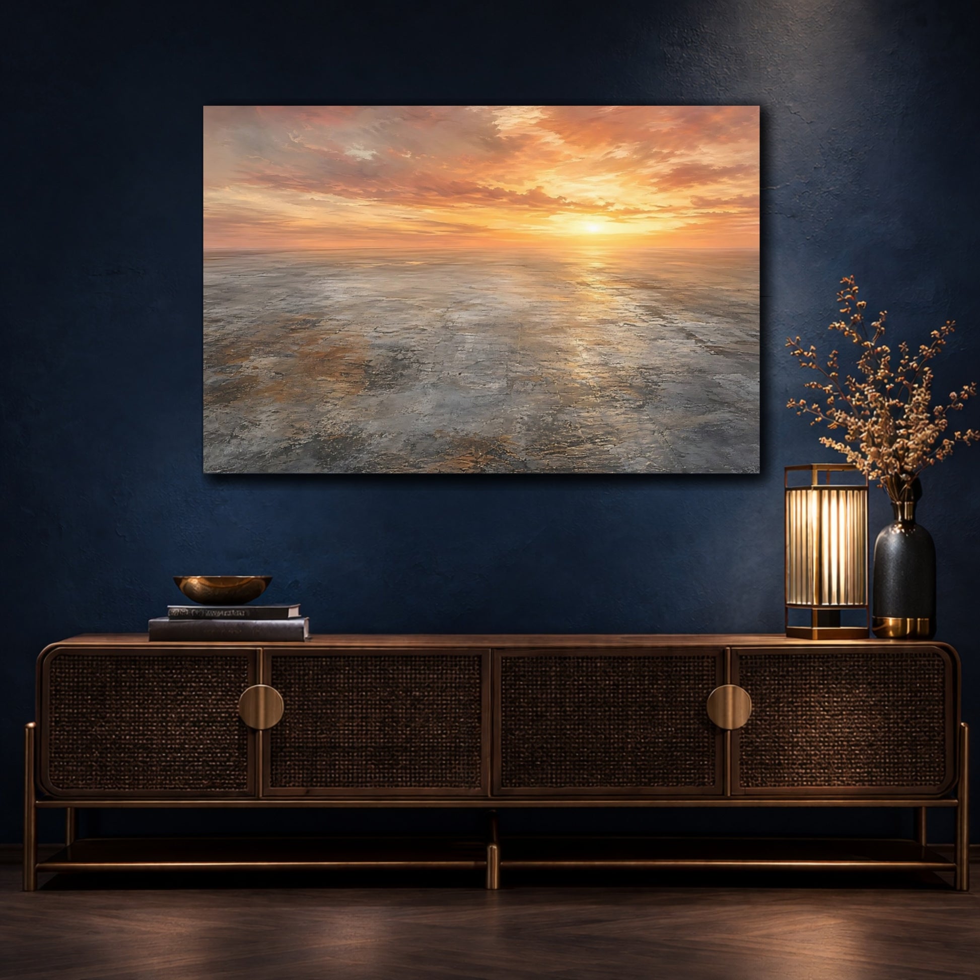 Mockup 4. Nature Sunset Horizon Orange Sunset shown as stretched canvas wall art